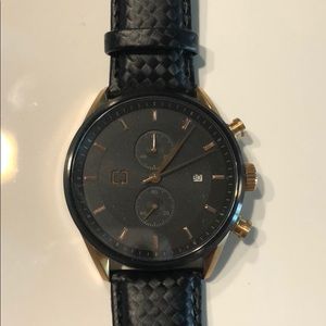 NEW CHRONOGRAPH MENS BLACK LEATHER WATCH BRONZE